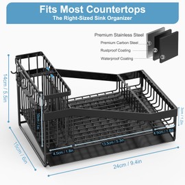 LBTING Sink Caddy for Kitchen, Carbon Steel Sponge Holder with 3 Partitions, Self-Draining Kitchen Countertop Organizer for Sink Strainer, Sponge, Brush, Soap Dish Dispenser – Black