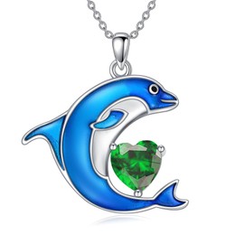 LONAGO Dolphin Necklace 925 Sterling Silver Blue Dolphin with Birthstone Pendant Necklace for Women, Sterling Silver, Cubic Zirconia