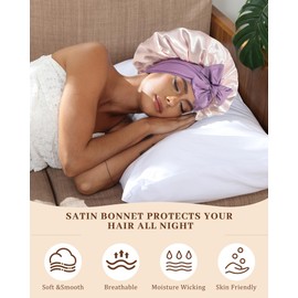 Satin Bonnet for Women with Elastic Tie Band - Silk Bonnets for Sleeping Double Layer Sleep Cap for Curly Hair, Reversible Night Hair Wrap (Purple+Apricot)