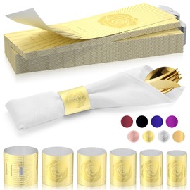 ChilStikUni Nano Material Reusable Napkin Band, Glue-Free Tear-Proof Water Resistant Oil-Proof Napkin Bands Set of 200(Front Gold Color and Back Silver), 6 Adjustable Sizes Napkin Rings