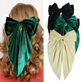 Loqpol 3 PCS Large Velvet Hair Bows, Oversized Long Tail Bows with Aliigator Clips, Coquette Hair Accessories for Women and Girls (Black - Green - White)