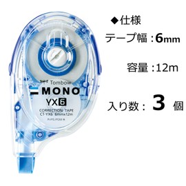 Tombow Pencil Correction Tape 0.2 inch (6 mm) MONO Mono YX (Stable Flat Body) Refill Type 39.2 ft (12 m) 3 Pieces KCC-346 (CT-YX6 x 3)