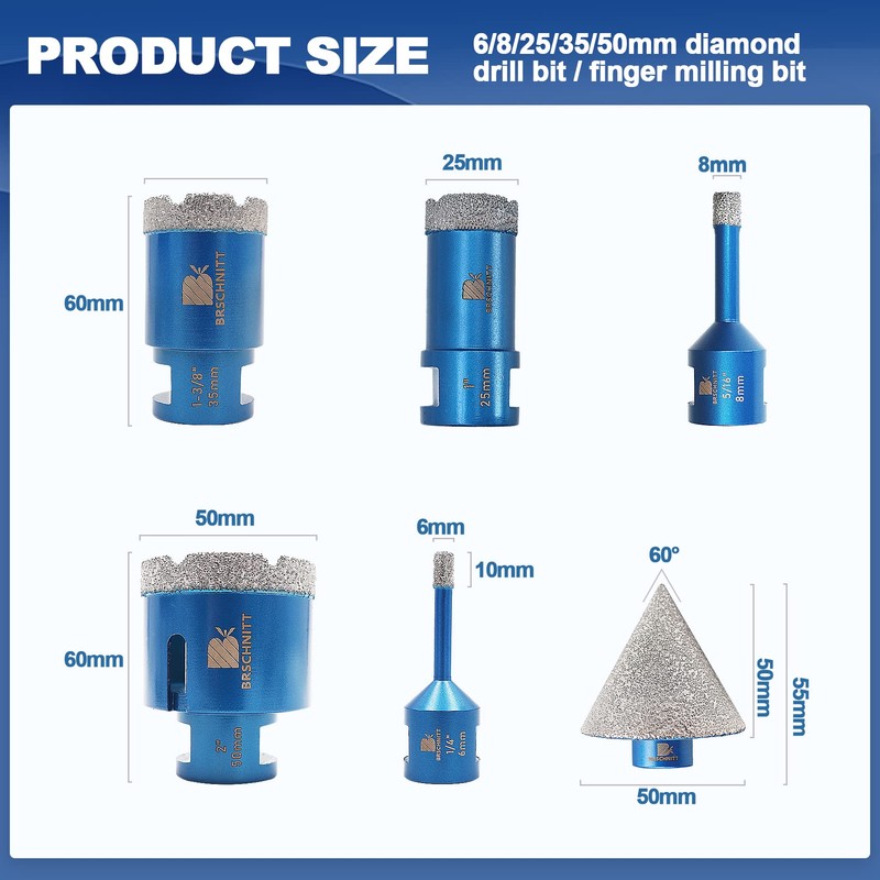 BRSCHNITT Diamond Core Drill Bit Set - 6/8/25/35/50mm Diamond Hole