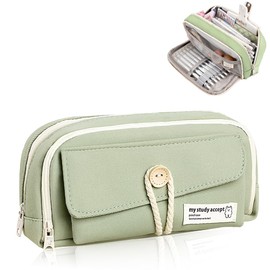 Taasmoog Pencil Case, High Large Storage Bag, Expandable Pencil Case for Girls, Teenagers with 3 Large Compartments for Teenagers, Girls, Boys, Students (Light Green), Green, [Light green, canvas]