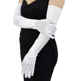 GUANGHE Evening Opera Party White Satin Gloves for Women, Elegant Long Gloves Wedding, Elbow Length Adult Size 1PCS (White)
