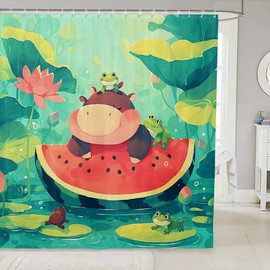 Cute Hippo Kids Shower Curtains,Watermelon Frog Lotus Leaves Bathroom Curtains for Boys Girls,Cartoon Hippopotamus Wild Animals Rustic Red Green Waterproof Curtains,12 Hooks Suits,72"W x 72"L