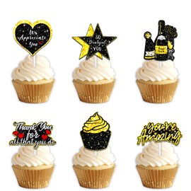 18pcs Black Gold Glitter Dessert Cupcake Thank You for all That You Do Gratitude Theme Decor Supplies Men Women Birthday Graduation Thanksgiving Party Decorations