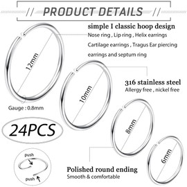 Kakonia 18-24Pcs 20G 316L Stainless Steel Nose Ring Hoop Cartilage Hoop Septum Piercing 6-12mm