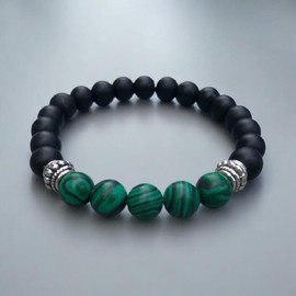 Men's Bracelet | 8 Sizes | Malachite and Lava Bead Gemstone Mala Bracelet | 8mm Beads | Protection, Wealth, Abundance, Prosperity, & Good Luck Bracelet | Crystal Bracelet for Both Mens & Womens Jewellery. (6 inches - 15.25 cm wrist)