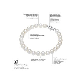 Valero Pearls Women's Pearl Bracelet High-Quality Freshwater Cultured Pearls 7-8 mm Round White 925 Sterling Silver – Women's Bracelet with Real Pearls Knotted, Sterling silver, freshwater cultured