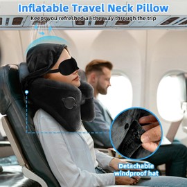 Nackenkissen Aufblasbares Reisekissen, Nackenkissen Flugzeug mit Kapuze, Tasche, Schlafmaske, Ohrstöpseln, Schnell aufblasbares Nackenkissen Reise unterstützt bequem Kopf, Nacken und Kinn (Schwarz)