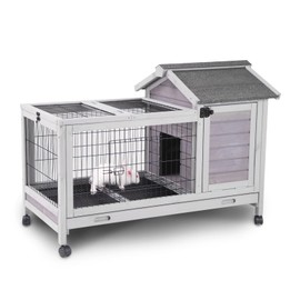 Aivituvin Wooden Rabbit Hutch with Removable Wire Floor Grid, Bunny Cage with Deeper Leakproof Tray 4 Wheels Include
