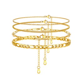 U7 Gold Ankle Bracelet for Women,14K Gold Anklet Layered Cuban Link Chain Anklets Set