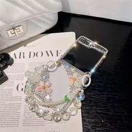Szakdws Sparkle Case for Moto Razr+/Plus 2024 with Chain,Women Girls Cute Bling Glitter Case Flower Pearl Diamond Crystal Rhinestone 3D Handmade with Bracelet Wristband Strap Keychain(White)