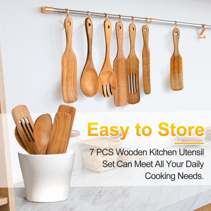 Spurtles Kitchen Tools Wooden, 7Pcs Wooden Spoons for Cooking, Natural