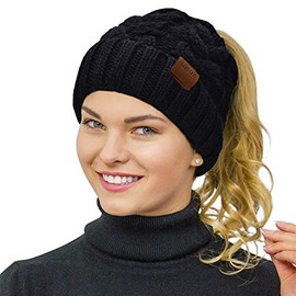 Rosoz Ponytail Beanie for Women,Winter Warm Beanie Tail Soft Stretch Cable Knit Messy High Bun Hat Black