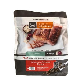 SIMPLY NOURISH Indoor Adult Cat Salmon & Oatmeal Recipe. Natural Fiber Helps Control Hairballs. 1-3 LB (1.36 kg) Bag of Dry Cat Food.