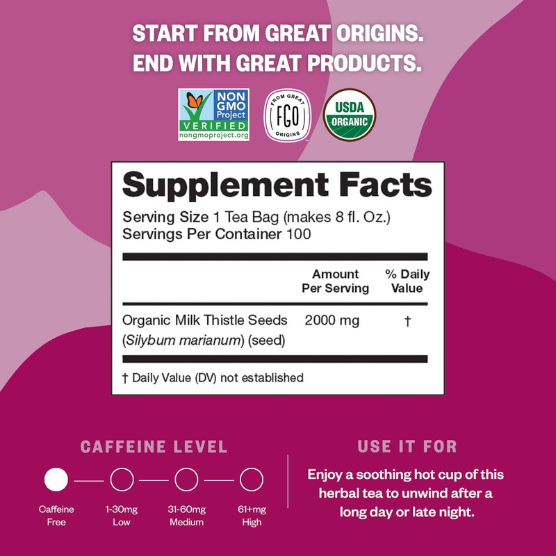FGO Organic Milk Thistle Tea, 100 Count, Eco-Conscious Herbal Tea