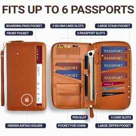 Family Passport Holder with AirTag RFID Passport Wallet Leather Travel Wallet Womens with Zipper Multiple Travel Document Organizer Holder for 4 6 Passport Cover Case Porta Pasaporte Familiar