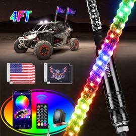 Nilight 2PCS 4FT RGB LED Whip Lights, Remote App Control w/DIY Chasing Patterns Stop Turn Reverse Modes Safety Lighted Antenna for ATV UTV Polaris RZR Can-am Dune Buggy Jeep