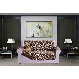 Elegant Comfort Quilted Furniture Protectors Solid and Printed Design Reversible Slipcovers Featuring Elastic Straps and Smart Pockets Great for Pets, Kids and More, Smart Leaf Loveseat, Brown