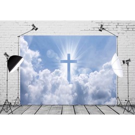 BELECO 9x6ft Fabric Christian Cross Backdrop - Holy Lights Heaven Sky Clouds Crucifix - Lord Pray Resurrection of Jesus Easter - Religious Faith Christian Church Events Decor Photo Props