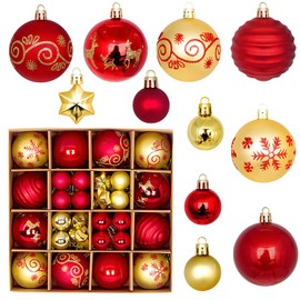 Christmas Baubles Red Gold, 44 Pieces Christmas Decoration Christmas Baubles Plastic Christmas Tree Decorations with Hooks for Christmas Baubles Set, for Christmas Tree Decorations, Weddings, Party