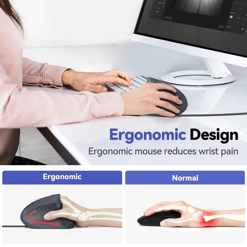 TECKNET Wired Ergonomic Mouse, 6400 DPI Vertical Mice 6 Buttons