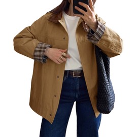 Tankaneo Womens Trench Coat Oversized Fall Barn Jacket Leather Collar Plaid Color Block Windproof Overcoat