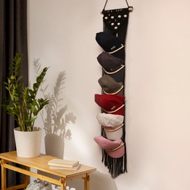 Ball Cap Hanger-1 Pack-Boho Macrame Cap Holder Wall Hat Organizer for Baseball Cap Holder Over Door, Hat Rack for Wall, Cap Rack for Decoration and Display（Black