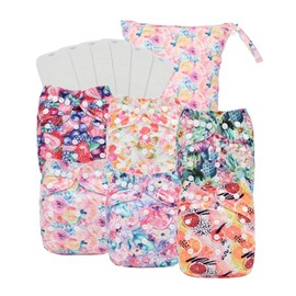 Reusable Cloth Diapers 6 Pack with 6 Inserts & Wet Bag, Washable Pocket Nappy Starter Kit, Baby Girl Diapers with Rayon from Bamboo Inserts