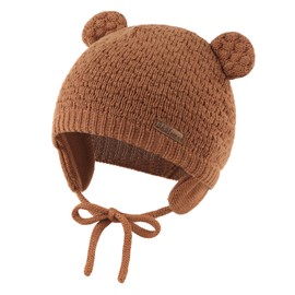 XIAOHAWANG Baby Winter Hat Boys Girls Warm Knitted Hats Soft Cotton Lining with Cute Bear Ears Winter Baby Hat, walnut