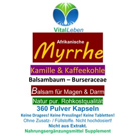 Myrrh + Chamomile + Coffee Charcoal 360 Powder Capsules for Stressed Intestines According to Ayurveda and Hildegard von Bingen - Pure Natural - No Additives [6 Months] 27160-360