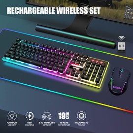 RedThunder K10 Wireless Gaming Keyboard and Mouse Combo, LED Backlit Rechargeable 3800mAh Battery, Mechanical Feel Anti-ghosting Keyboard + 7D 3200DPI Mice for PC Gamer (Black)