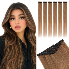 MY-LADY Clip-In Real Hair Extensions, 6 Pieces, 35 cm Hair Extensions, Natural, Single Clip Hair Extension Highlights for Women, Straight, Light Brown (#06, 36 g)