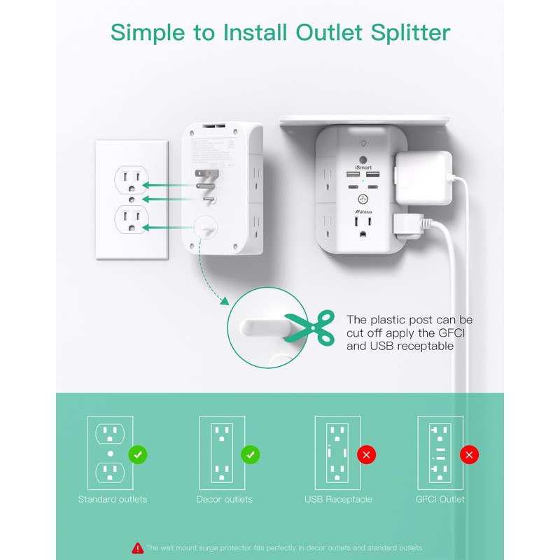 Wall Outlet Extender with Shelf and Night Light, Surge Protector,