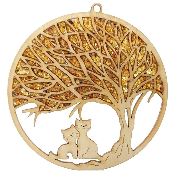 Window Picture Suncatcher Amber in Birch Wood "Cats Under Tree" Diameter 11 cm Includes Gift Box