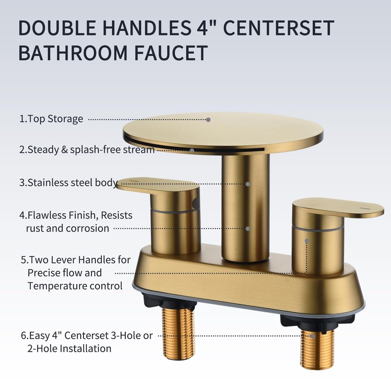 Brushed Gold Bathroom Sink Faucet 3 Hole，Waterfall Bathroom Faucet 4