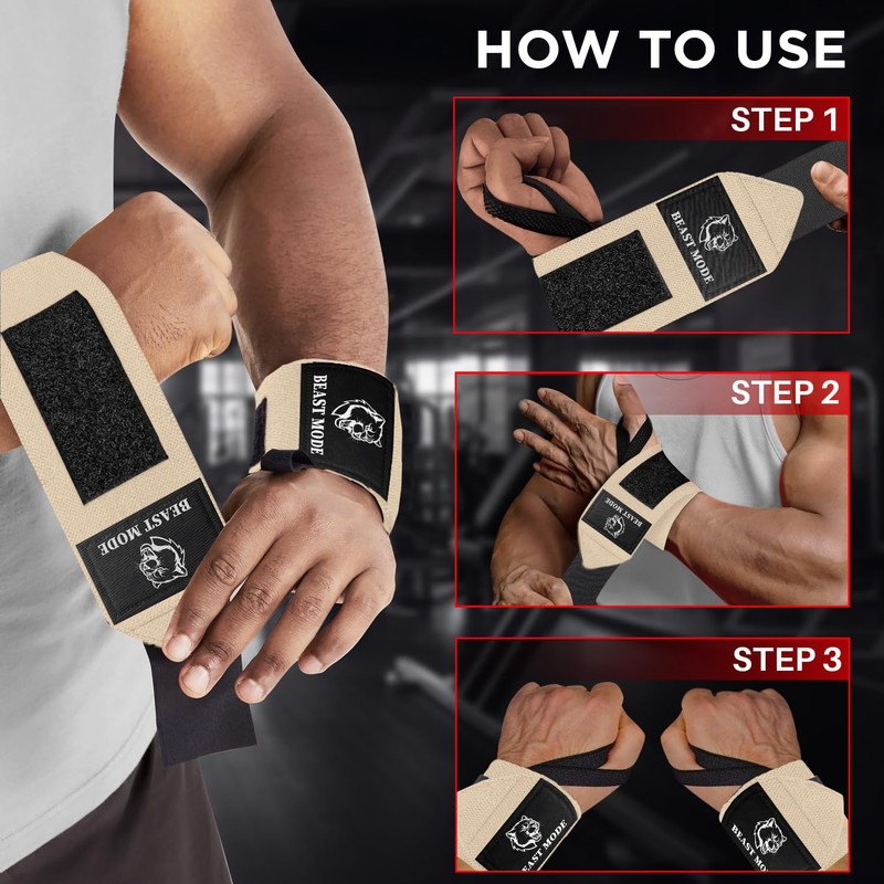 TECEUM Weightlifting Wrist Wraps with Thumb Loop – Beige –