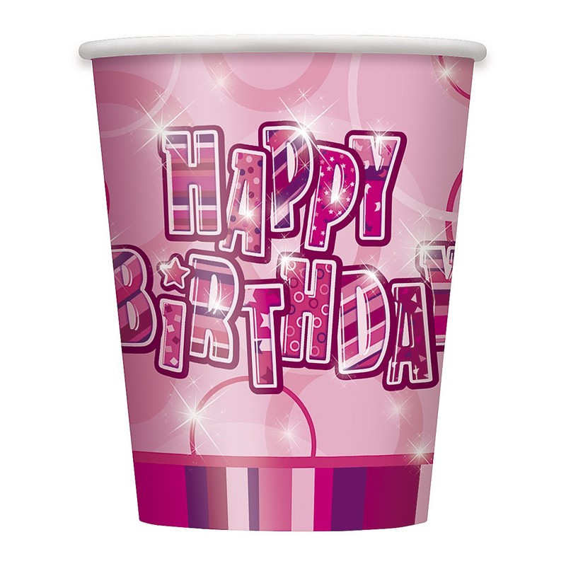 9oz Glitz Pink Birthday Paper Cups, Pack of 8