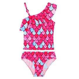 WhizBuzz Bathing Suits for Girls 5t 6t Red Fish Scale Swimsuits Sleeveless Two Pieces Bikini Set Quick Dry Beach Swimwear