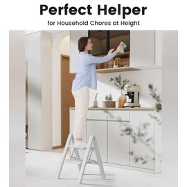 SOLADDER Step Stool, 2 Step Ladder with Anti-Slip and Wide Pedal, Portable Iron Foldable Stepladder for Home and Kitchen, 300lbs - White