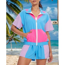 UOUA 90s Outfits for Women 80s Short Sleeve Neon Party Clothes Freaknik Nostalgia Tracksuit Zip Windbreaker and Shorts Set, Blue, XX-Large