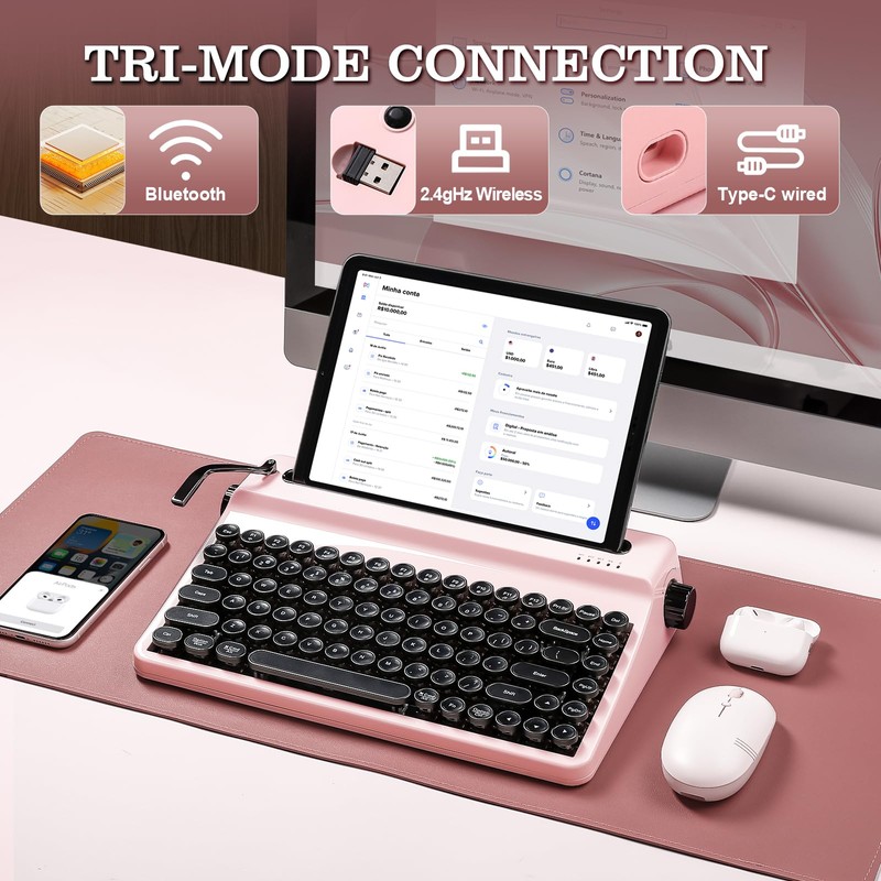 YUNZII QL75 Wireless Typewriter Hot Swap Retro Mechanical Keyboard,Punk Round