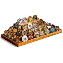 Challenge Coin Display, 4 Tier Double Groove Coin Holder Holds 60-80 Coins, Wooden Military Display Stand, Coin Collection Holders for Collectors, Army Coins Rack Displays Case for Desk Office