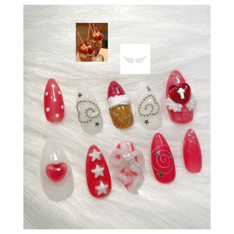 Strawberry Parfait Handmade Nail Tips - Ballerina / 딸기 파르페