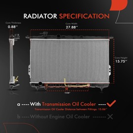 A-Premium Engine Coolant Radiator with Transmission Oil Cooler Compatible with Hyundai XG300 2001 XG350 2002-2005 3.0L 3.5L, Automatic Transmission, Replace# 2531039500