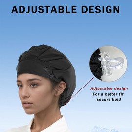 Hapforever 1 Pack Black Satin Lined Bouffant Scrub Caps with Buttons and Sweatband, Cotton Nurse Hat Adjustable Working Caps Nursing Surgical Caps for Women Men (Black)
