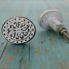 MarktSq Set of Four Oval Floral Metal Cabinet Knob in Distressed White Finish