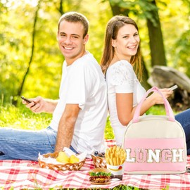 Daover Lunch Bag for Women Teen Girls Kids Adults Large Lunch Box Preppy Cute Pink Lunch Bag with Letter Big Thermal Freezable Reusable Lunch Tote Bag Organizer for Picnic School Work